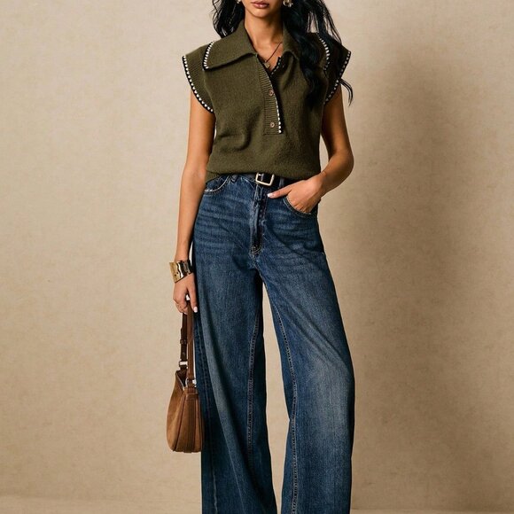 Army Green Casual Women's Contrast Trim Sleeveless Sweater Vest - Picture 3 of 7